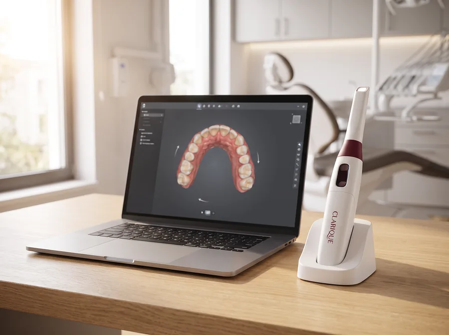 Laptop mit 3D-Scan eines Oberkiefers, daneben der Scanner
