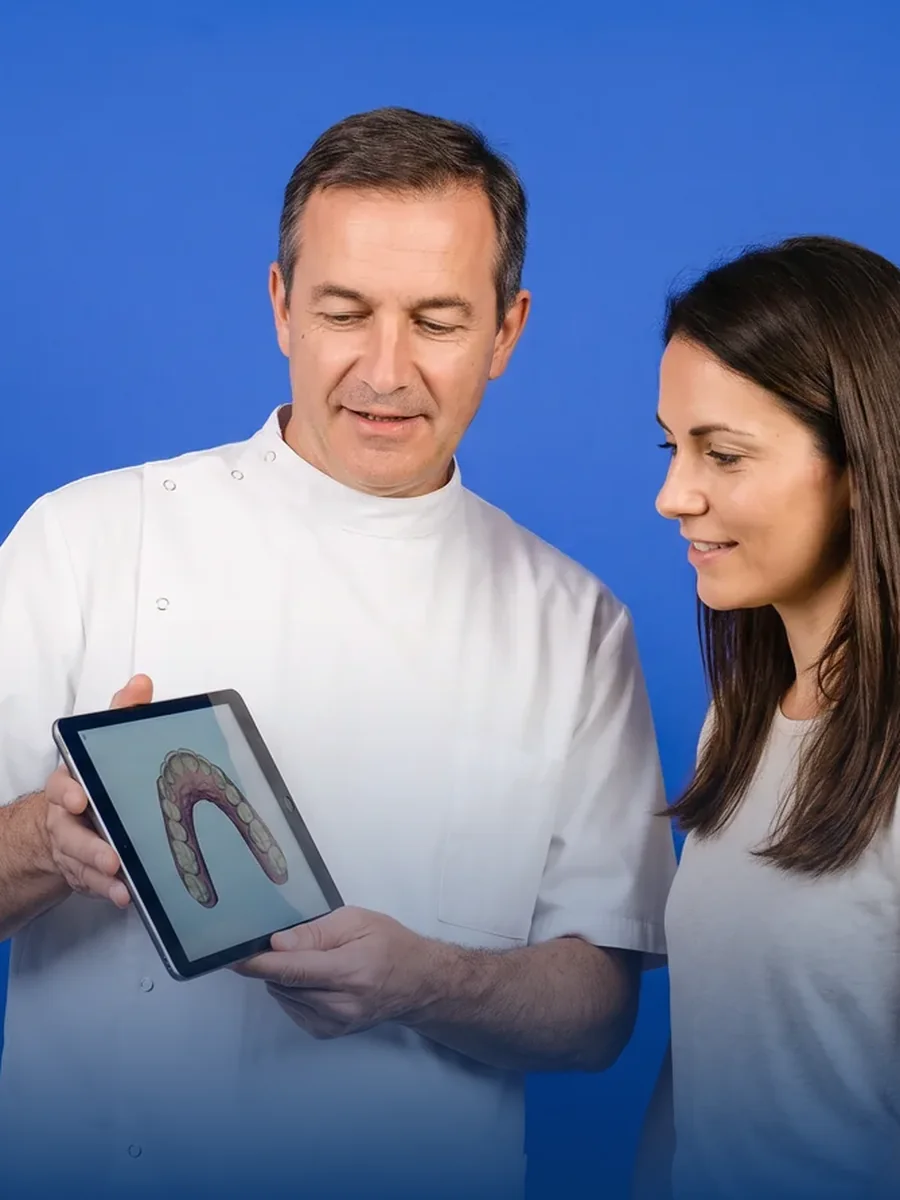 Zahnarzt zeigt einer Patientin das 3D-Setup auf einem Tablet vor kobaltblauem Hintergrund