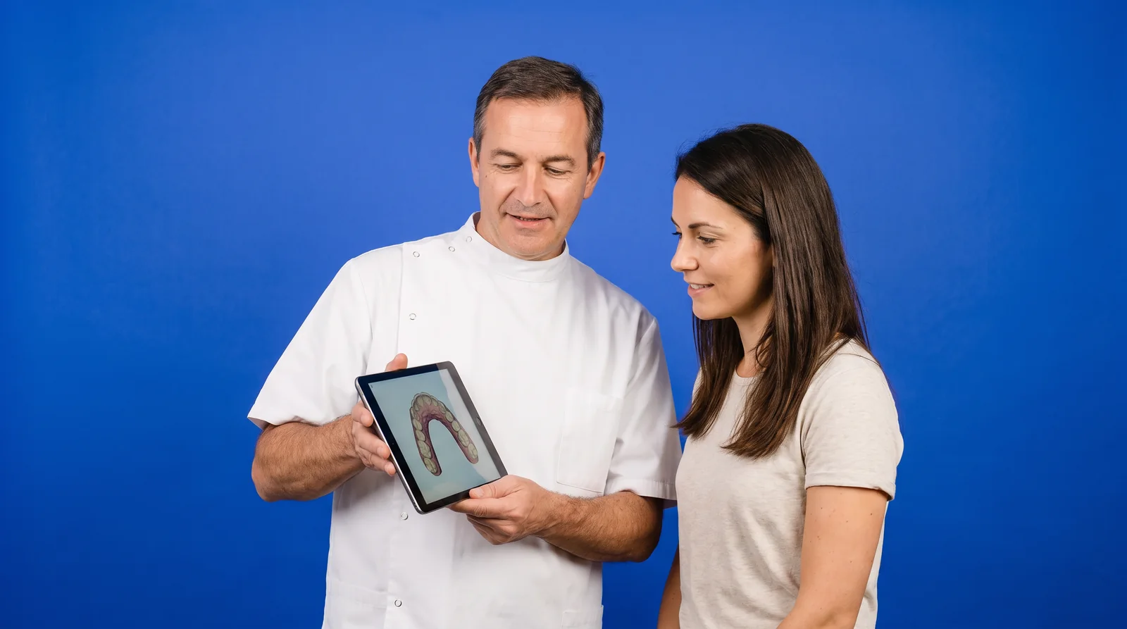 Zahnärztin prüft am Tablet den digitalen Behandlungsplan einer Aligner-Therapie