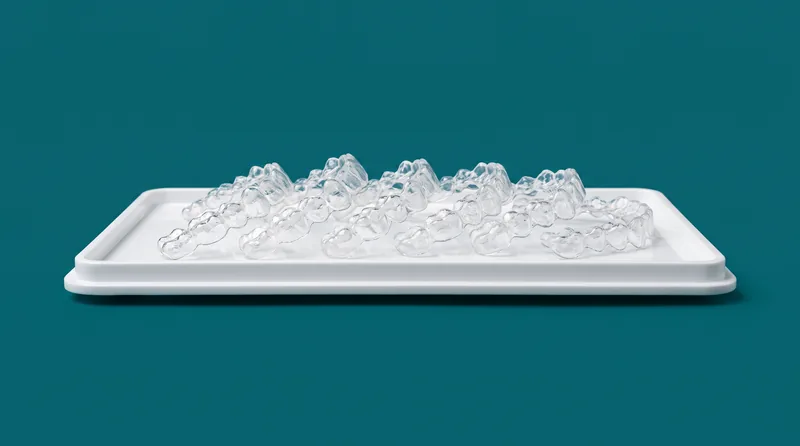 Reihe transparenter Aligner auf einem weißen Labortray vor petrolfarbenem Hintergrund