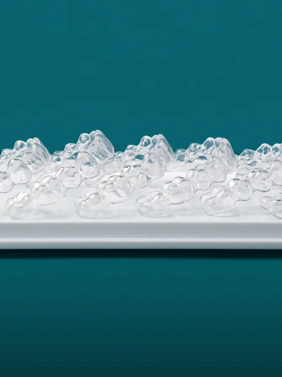 Reihe transparenter Aligner auf einem weißen Labortray vor petrolfarbenem Hintergrund