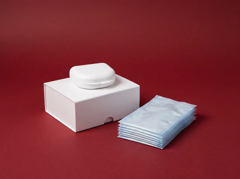 Weiße Aligner-Box, Etui und Beutel ohne Aufdruck vor burgundrotem Hintergrund