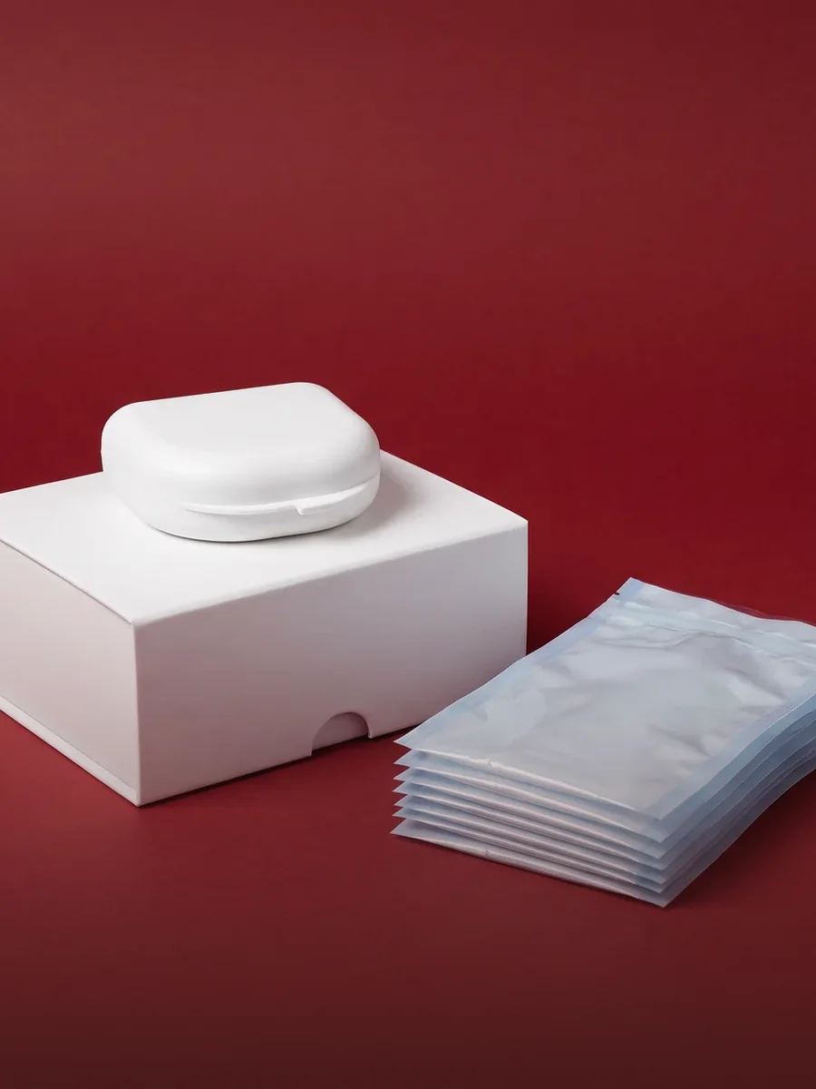 Weiße Aligner-Box, Etui und versiegelte Beutel ohne Aufdruck vor burgundrotem Hintergrund